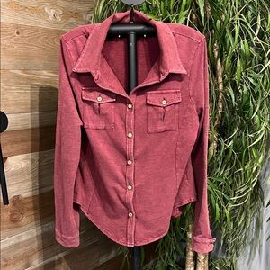 NWOT Bohemela dark red long sleeve button down top. Acid wash knit. XL